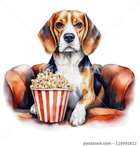 Watercolor illustration 2 of a beagle sitting on a sofa and holding popcorn / Material for flyers and posters 118991612