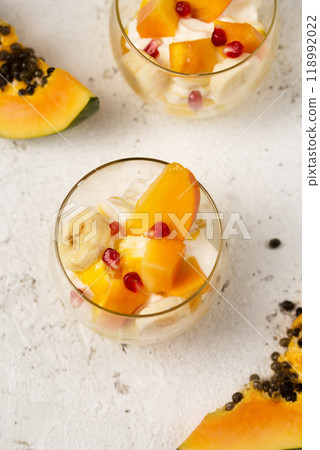 Still life milk dessert with fruit Still life milk dessert with fruit 118992022