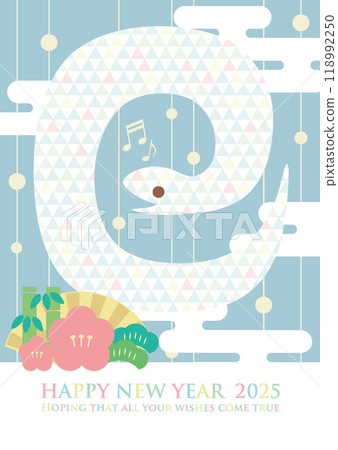 A cute snake vector illustration for New Year's cards for the year of the snake 2025 (A3, pine, bamboo, plum, pastel) 118992250