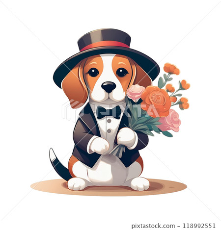 Beagle wearing a tuxedo and holding a bouquet of roses 1 / Flyer and poster material Beagle wearing a tuxedo and holding a bouquet of roses 1 / Flyer and poster material 118992551