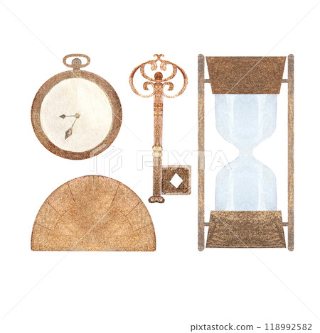 Metal protractor, vintage key, pocket watch, hourglass watercolor set isolated on white. Hand painted design elements perfect for cards, banners, posters, stationary decor. Vintage antique clipart 118992582