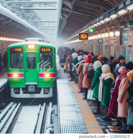 Passengers waiting for a train in the snow 118992623