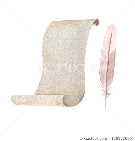 A parchment, a quill feather watercolor illustration set isolated on white. Hand drawn high quality simple style art for stationary, stickers, cards, notebooks, diary decor and design. Antique clip A parchment, a quill feather watercolor illustration set isolated on white. Hand drawn high quality simple style art for stationary, stickers, cards, notebooks, diary decor and design. Antique clip 118992690