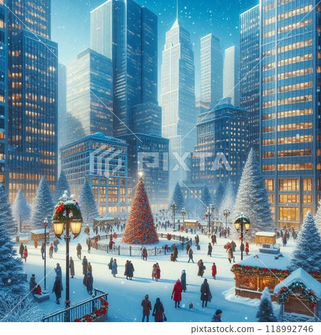Snowy night cityscape 118992746
