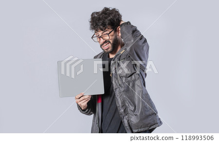 Young man with hand on head showing poster, man showing blank signboard isolated, guy showing signboard with blank space Young man with hand on head showing poster, man showing blank signboard isolated, guy showing signboard with blank space 118993506