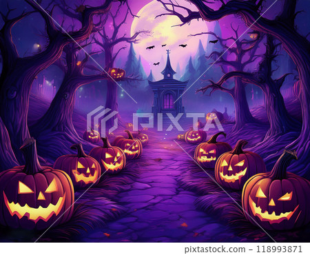 Halloween, purple pumpkins and landscape Halloween, purple pumpkins and landscape 118993871