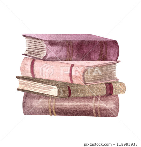 Pile of pink and gold hardcover old books watercolor illustration isolated on white. Hand painted thick books perfect for stationary, bookstore, reading theme, book club labels, logo decor 118993935