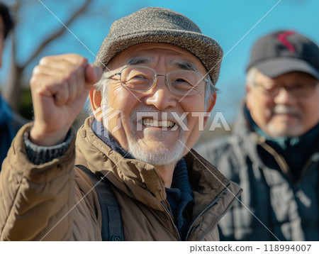 Senior men playing guts pose 118994007