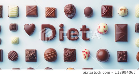 Creative chocolate arrangement with diet message for culinary inspiration and health awareness Creative chocolate arrangement with diet message for culinary inspiration and health awareness 118994065
