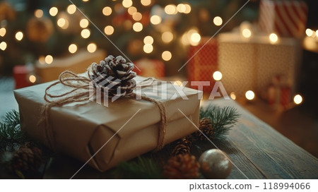 Cozy christmas gift wrapping scene with pinecones and warm holiday lights Cozy christmas gift wrapping scene with pinecones and warm holiday lights 118994066