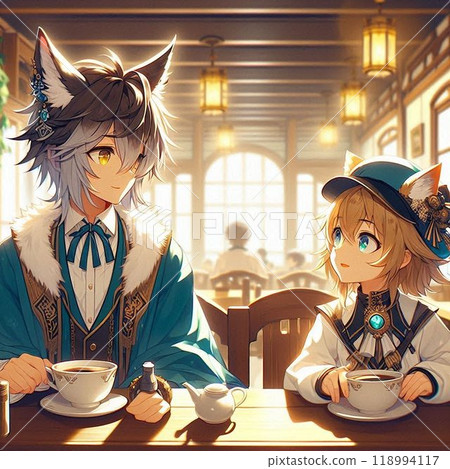 Illustration of a cat, coffee, and two people with fantasy animal ears (4) 118994117