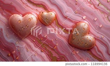 Sparkling Rose Gold Hearts with Water Droplets on a Pink and Gold Marbled Surface for Romantic Valentines Day Designs Sparkling Rose Gold Hearts with Water Droplets on a Pink and Gold Marbled Surface for Romantic Valentines Day Designs 118994136