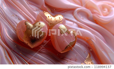 Pink Hearts with Gold Accents on a Flowing Marbled Surface, Perfect for Elegant Valentines Day Designs Pink Hearts with Gold Accents on a Flowing Marbled Surface, Perfect for Elegant Valentines Day Designs 118994137