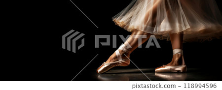 Close-up of a Dancer en Pointe - Ballerina Feet On Black Background - Generative Ai 118994596