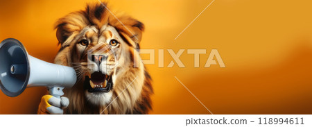 Close-up of a Lion Roaring Into a Megaphone on Orange Background - Generative Ai 118994611