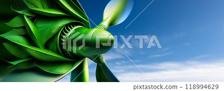 Close-up of a Wind Turbine with the Propeller in the Shape of Green Leaves - Generative Ai 118994629