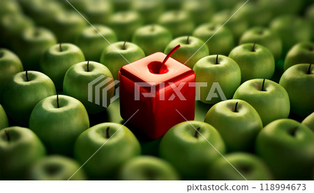 Close-up of One Cube Shaped Red Apple Between the Normal Green Apples - Generative Ai 118994673