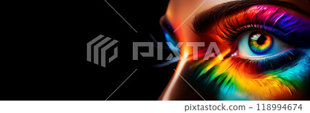 Close-up of the Eye of Young Woman with the Rainbow Colors on Black Background - Generative Ai 118994674