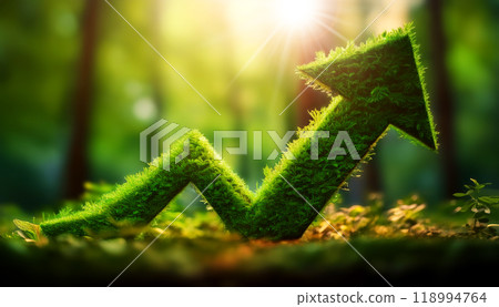 Closeup of a Green Arrow made of Grass Going Up in a Blurred Forest - Generative Ai 118994764