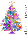 Cute Christmas Tree with Gold Star - Neon Watercolor 118994792