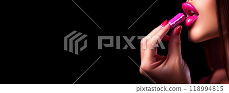 Closeup of a Woman Taking an Antidepressant Pill to Cure Depression - Generative Ai 118994815