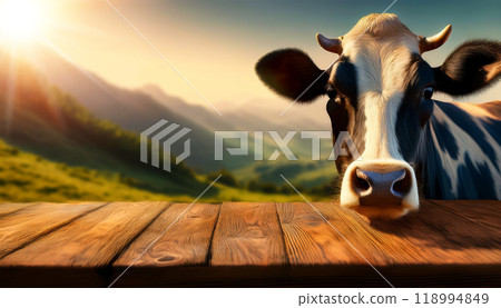 Empty Wooden Table and a Dairy Cow on a Mountain Landscape - Generative Ai 118994849