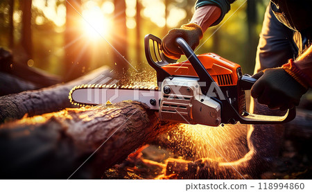 Gloved Hands of a Lumberjack while Cutting a Tree Trunk with a Chainsaw - Generative Ai 118994860