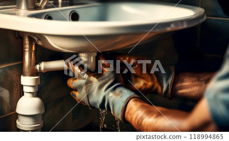 Gloved Hands of a Plumber Fix or Repair Pipes Under a Sink - Generative Ai 118994865