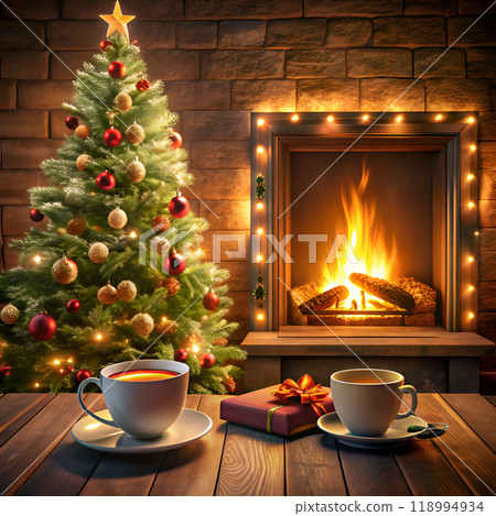 Cozy Christmas scene with a Christmas tree,... - Stock Illustration ...
