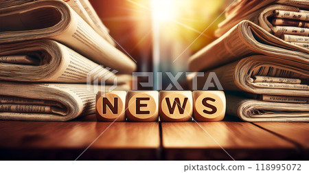 Newspapers and the Word NEWS in Wooden Block Puzzle Dice - Generative Ai 118995072