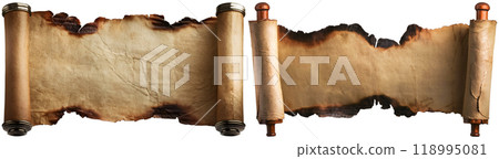 Old Empty Vintage Parchment Paper Roll With Burnt Edges Isolated on White - Generative Ai 118995081