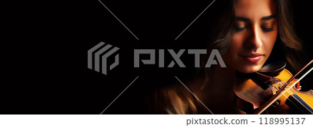 Portrait of a Young Beautiful Brunette Woman Playing a Violin - Generative Ai 118995137