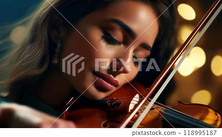 Portrait of a Young Beautiful Brunette Woman Playing a Violin - Generative Ai 118995187