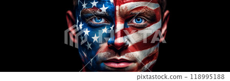 Portrait of American Man with Painted Face with USA Flag - Generative Ai 118995188