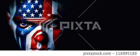 Portrait of American Man with Painted Face with USA Flag - Generative Ai Portrait of American Man with Painted Face with USA Flag - Generative Ai 118995189
