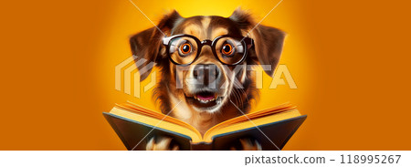 Surprised Dog with Glasses Reading a Book on Yellow-Orange Background - Generative Ai Surprised Dog with Glasses Reading a Book on Yellow-Orange Background - Generative Ai 118995267