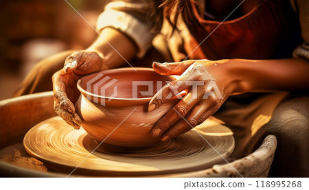 The Hands of Potter Making Clay Pot with a Pottery Wheel - Generative Ai 118995268