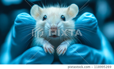 Hands of scientist gently holds a mouse for an experiment in a laboratory. The concept of on scientific research, animal testing, and advancements in medical studies. Generative AI. Hands of scientist gently holds a mouse for an experiment in a laboratory. The concept of on scientific research, animal testing, and advancements in medical studies. Generative AI. 118995269