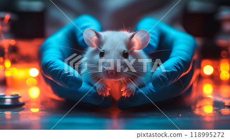 Hands of scientist gently holds a mouse for an experiment in a laboratory. The concept of on scientific research, animal testing, and advancements in medical studies. Generative AI. 118995272