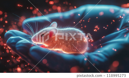 Hands of scientist gently holds a mouse for an experiment in a laboratory. The concept of on scientific research, animal testing, and advancements in medical studies. Generative AI. 118995273