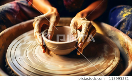 The Hands of Potter Making Clay Pot with a Pottery Wheel - Generative Ai 118995281