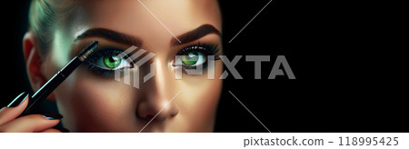 Young Beautiful Woman with Green Eyes Applying Black Eyeliner - Generative Ai Young Beautiful Woman with Green Eyes Applying Black Eyeliner - Generative Ai 118995425
