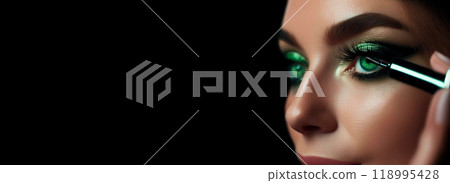 Young Beautiful Woman with Green Eyes Applying Black Eyeliner - Generative Ai Young Beautiful Woman with Green Eyes Applying Black Eyeliner - Generative Ai 118995428
