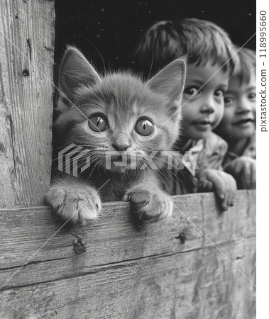 This enchanting photo captures a young boy and an adorable kitten peering through a gap in a wooden wall. Generative AI	 118995660