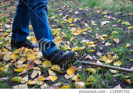 Male foot steps on a lying rake 118995702