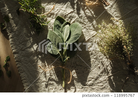 Top view of tight twine around sage sprigs. Linen tablecloth on a wooden table with various herbs. Autumn atmosphere 118995767