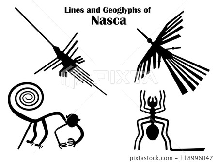 World Heritage Nazca Lines illustration set - condor, hummingbird, monkey, spider - monochrome illustration 118996047