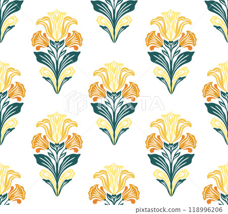 Vector art nouveau pattern with tracery irises and freesias. Texture with ornate yellow blooming flowers on white background. Floral surface design 118996206
