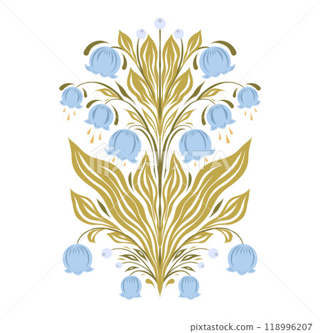 Vector flat illustration of blue lilies of the valley. Floral symmetrical arrangement on white background. Decorative spring flowers clip arts 118996207