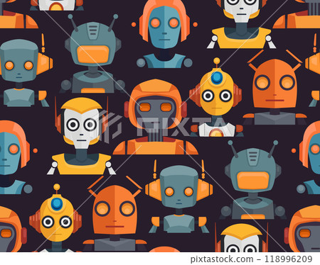 Vector pattern with cartoon robots on dark background. Flat texture with various cyborg toys. Childish technology surface design 118996209